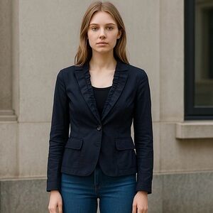 Talbots The Grace Fit Flatteringly Classic Ruffled Front Black Blazer